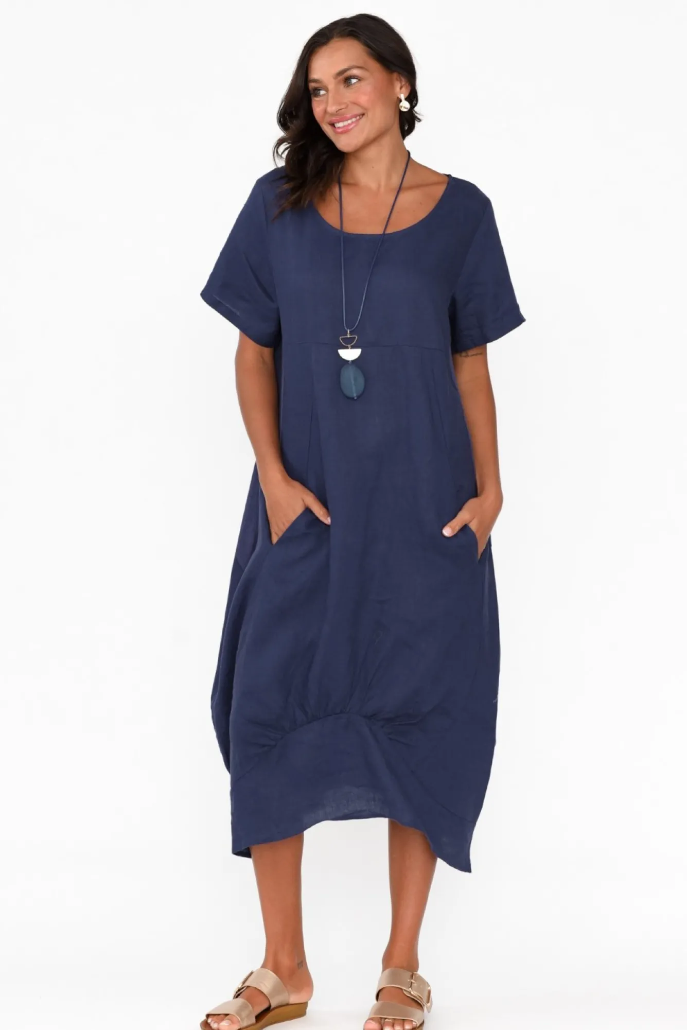 Below Knee Dresses<Cali and Co Kandace Navy Linen Pocket Dress