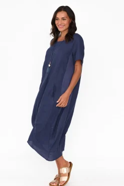 Below Knee Dresses<Cali and Co Kandace Navy Linen Pocket Dress
