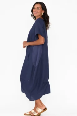 Below Knee Dresses<Cali and Co Kandace Navy Linen Pocket Dress