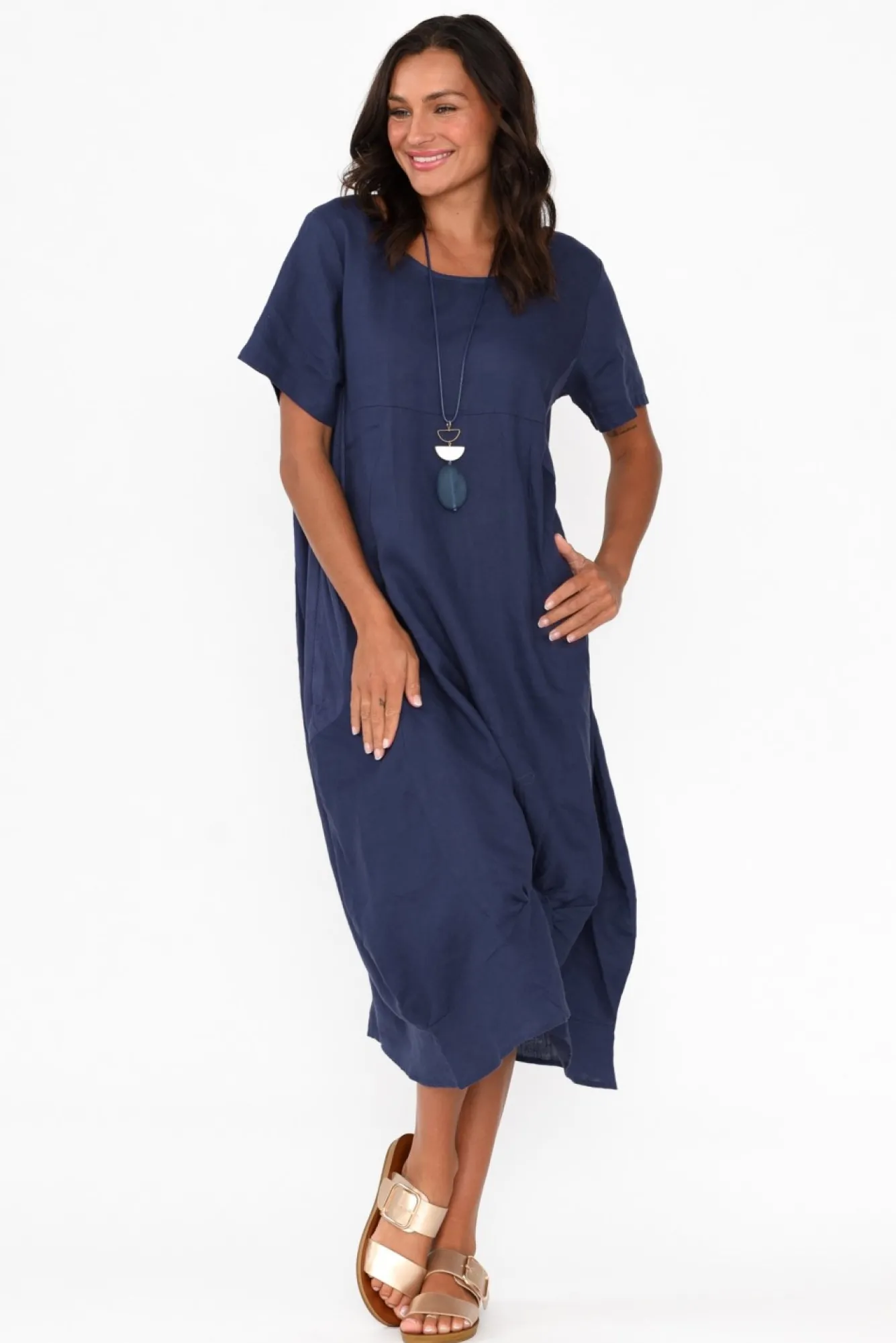 Below Knee Dresses<Cali and Co Kandace Navy Linen Pocket Dress