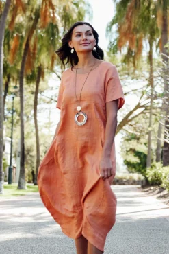 Linen Dresses<Cali and Co Kandace Orange Linen Pocket Dress