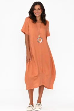 Linen Dresses<Cali and Co Kandace Orange Linen Pocket Dress
