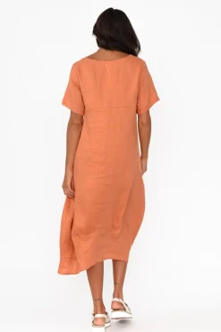Linen Dresses<Cali and Co Kandace Orange Linen Pocket Dress
