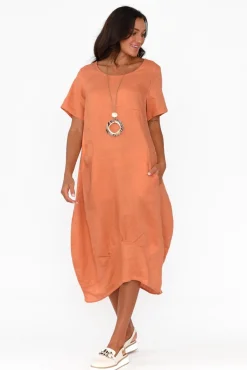Linen Dresses<Cali and Co Kandace Orange Linen Pocket Dress