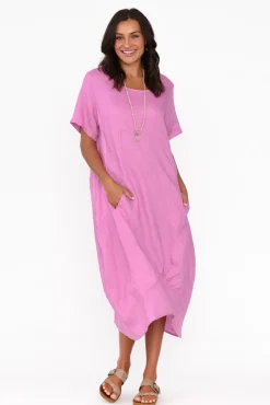 Linen Dresses<Cali and Co Kandace Pink Linen Pocket Dress