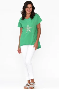 Linen Tops<Cali and Co Kassidy Emerald Star Sequin Tee