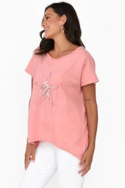 Linen Tops<Cali and Co Kassidy Pink Star Sequin Tee