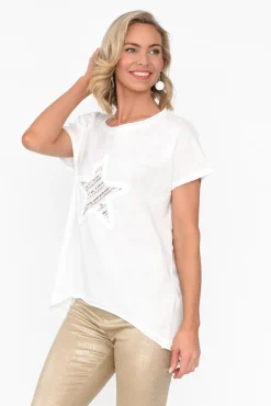 Linen Tops<Cali and Co Kassidy White Star Sequin Tee