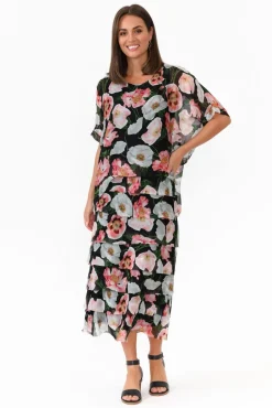 Maxi Dresses<La Strada Katerina Black Blossom Silk Overlay Maxi Dress