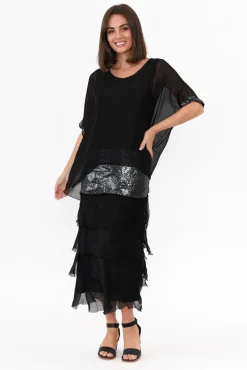 Maxi Dresses<La Strada Katerina Black Sequin Silk Overlay Maxi Dress