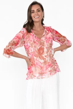 Sleeved Tops<L'amore Katrine Peach Hibiscus Ruffle Top