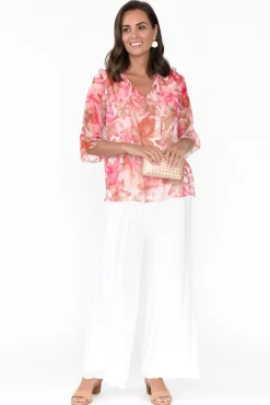 Sleeved Tops<L'amore Katrine Peach Hibiscus Ruffle Top
