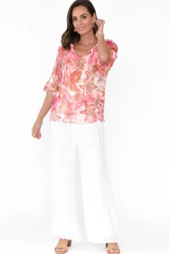 Sleeved Tops<L'amore Katrine Peach Hibiscus Ruffle Top