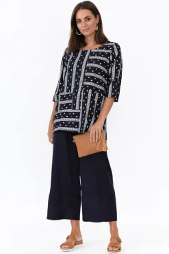 Linen Tops<Ruby Rain Kaylee Navy Aztec Linen Cotton Top