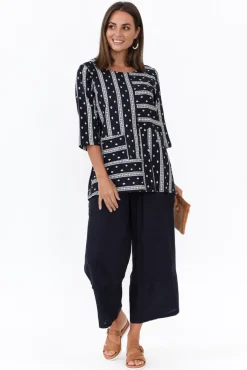 Linen Tops<Ruby Rain Kaylee Navy Aztec Linen Cotton Top