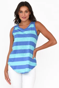 Cotton Tops<Betty Basics Keira Aqua Stripe Cotton Tank