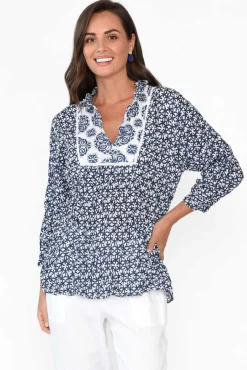 Cotton Tops<Namastai Kellan Navy Flower Cotton Top