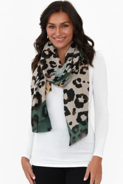 Scarves<Enhance Kelsie Green Leopard Scarf