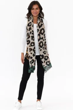 Scarves<Enhance Kelsie Green Leopard Scarf
