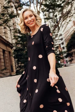 Midi Dresses<Cali and Co Kendal Black Spot Long Sleeve Dress