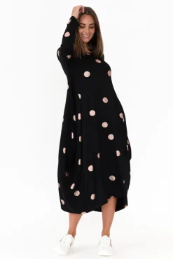Midi Dresses<Cali and Co Kendal Black Spot Long Sleeve Dress