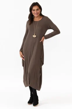 Midi Dresses<Cali and Co Kendal Chocolate Long Sleeve Dress