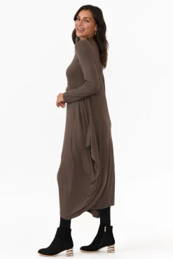 Midi Dresses<Cali and Co Kendal Chocolate Long Sleeve Dress