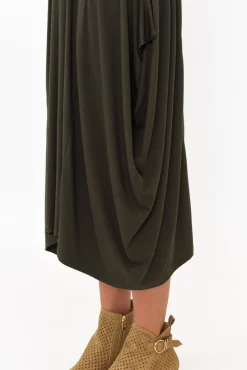 Midi Dresses<Cali and Co Kendal Khaki Long Sleeve Dress