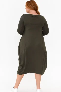 Midi Dresses<Cali and Co Kendal Khaki Long Sleeve Dress