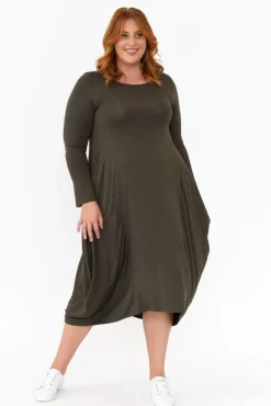 Midi Dresses<Cali and Co Kendal Khaki Long Sleeve Dress