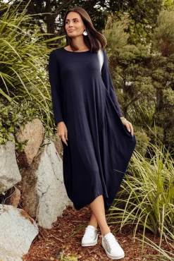 Midi Dresses<Cali and Co Kendal Navy Long Sleeve Dress