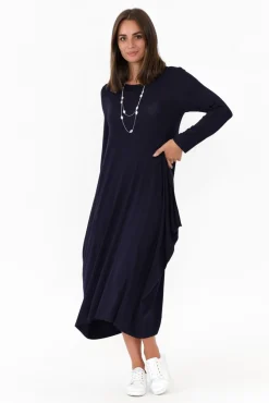 Midi Dresses<Cali and Co Kendal Navy Long Sleeve Dress