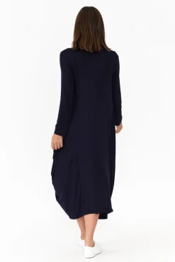 Midi Dresses<Cali and Co Kendal Navy Long Sleeve Dress