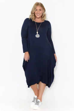 Midi Dresses<Cali and Co Kendal Navy Long Sleeve Dress