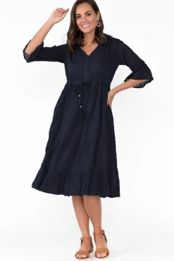 Below Knee Dresses<One Summer Kenley Navy Crinkle Cotton Dress