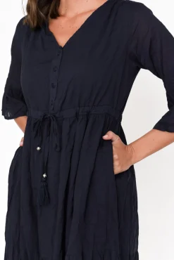 Below Knee Dresses<One Summer Kenley Navy Crinkle Cotton Dress