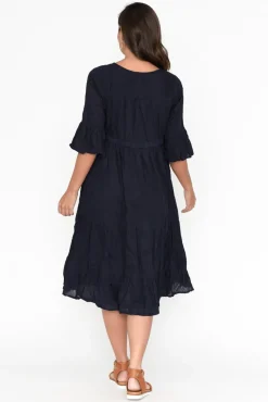 Below Knee Dresses<One Summer Kenley Navy Crinkle Cotton Dress