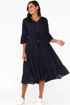 Below Knee Dresses<One Summer Kenley Navy Crinkle Cotton Dress