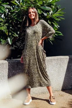 Maxi Dresses<Cotton Village Kenna Khaki Leopard Pocket Dress