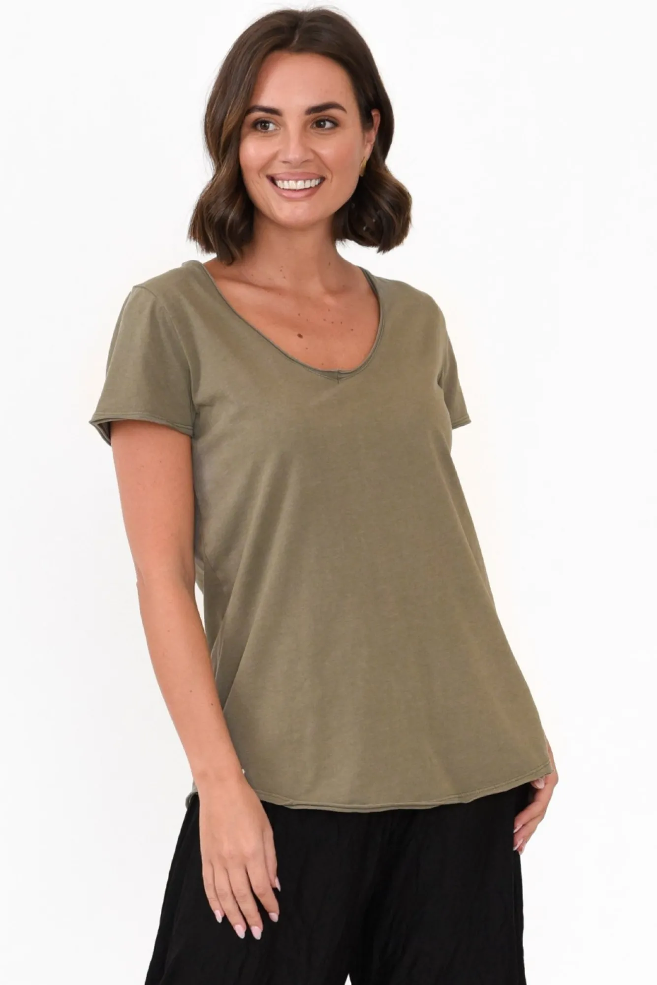 Cotton Tops<Elm Khaki Cotton Fundamental Vee Tee