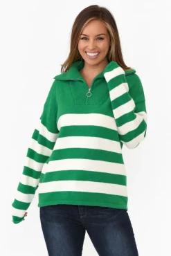 Knitwear<Isabella Boho Kinsley Green Stripe Zip Jumper