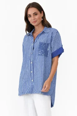Linen Tops<La Strada Lance Blue Stripe Sequin Pocket Shirt