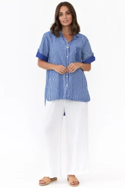 Linen Tops<La Strada Lance Blue Stripe Sequin Pocket Shirt