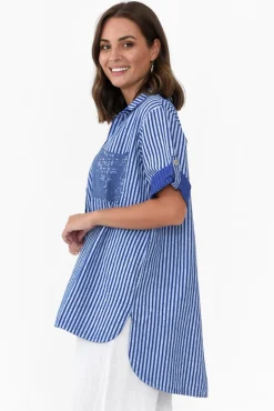 Linen Tops<La Strada Lance Blue Stripe Sequin Pocket Shirt