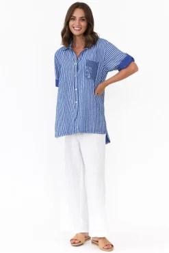 Linen Tops<La Strada Lance Blue Stripe Sequin Pocket Shirt