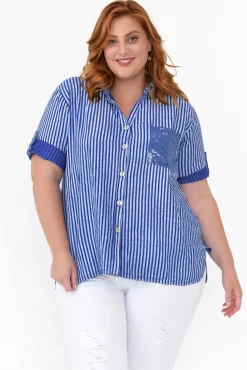 Linen Tops<La Strada Lance Blue Stripe Sequin Pocket Shirt