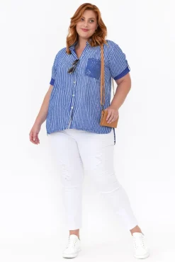 Linen Tops<La Strada Lance Blue Stripe Sequin Pocket Shirt