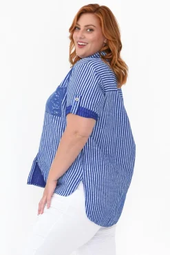Linen Tops<La Strada Lance Blue Stripe Sequin Pocket Shirt