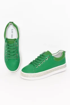 Leather Sneakers<Lav-ish Lange Green Leather Diamante Sneaker