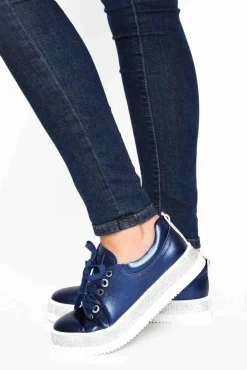 Leather Sneakers<Lav-ish Lange Navy Leather Diamante Sneaker